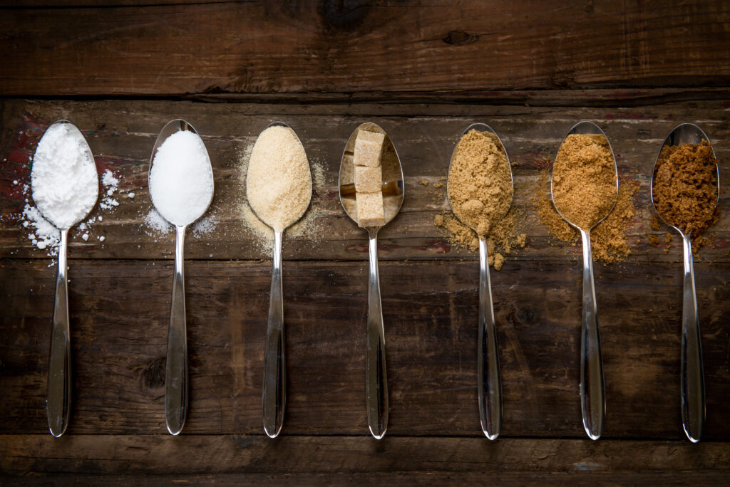 different kinds of sugar in the spoons